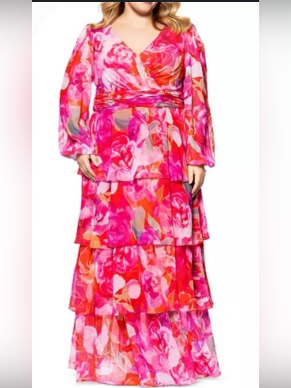 Xscape Hot Pink Dress with Red Floral Detail